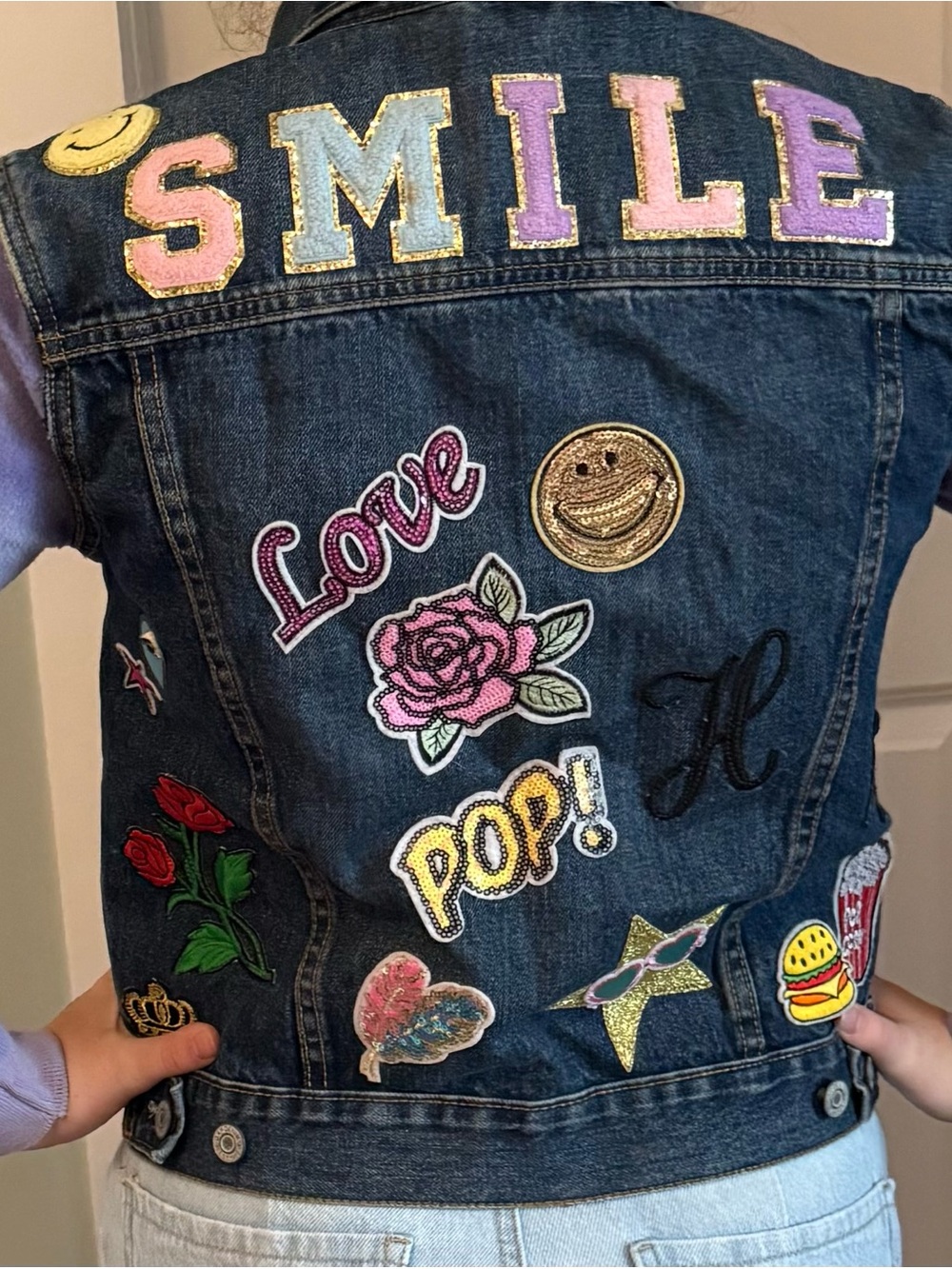Embroidered jean jacket with Colorful Patches